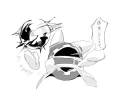 Rule 34 | animal ears, belt buckle, belt collar, buckle, cape, closed eyes, collar, commentary request, covered mouth, disembodied hand, gear print, gloves, greyscale, highres, hood, kananishi, kirby (series), magic, magolor, monochrome, nintendo, no humans, rayman limbs, scarf, simple background, solo, speech bubble, translation request, white background