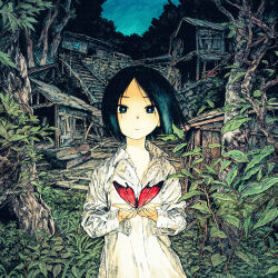Rule 34 | 1girl, absurdres, album cover, black eyes, black hair, bug, butterfly, collared shirt, cover, expressionless, forest, highres, insect, nature, open collar, original, outdoors, own hands together, plant, red butterfly, shack, shirt, short hair, sky, solo, stairs, tree, uchida akira (taaiseee1121), upper body, white shirt