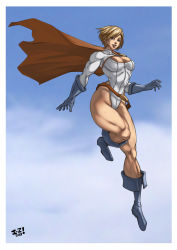 Rule 34 | 1girl, alien, belt, blonde hair, blue eyes, blue footwear, boots, breasts, cape, cleavage, cleavage cutout, clothing cutout, dc comics, flying, gloves, highres, irving-zero, kryptonian, large breasts, leotard, muscular, muscular female, power girl, red cape, short hair, smile, solo, superhero costume, superman (series), thick thighs, thighs
