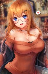 Rule 34 | 1girl, :d, absurdres, alternate costume, alternate hairstyle, armpit crease, autumn leaves, bare shoulders, bespectacled, blue eyes, blurry, blurry background, breasts, choker, cleavage, collarbone, girls&#039; frontline, glasses, hair ornament, hairclip, heart, highres, hiromaster sinta jh, kalina (girls&#039; frontline), large breasts, long hair, looking at viewer, off-shoulder sweater, off shoulder, open mouth, orange hair, orange sweater, revision, ribbed sweater, round eyewear, scarf, smile, solo, spoken heart, sweater, x hair ornament