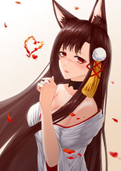 Rule 34 | 1girl, absurdres, akagi (azur lane), akagi (deep crimson poppy) (azur lane), animal ears, azur lane, bare shoulders, black hair, blush, breasts, cleavage, collarbone, commentary request, eyes visible through hair, eyeshadow, fire, fox ears, from side, gradient background, hair ornament, head tilt, heart, highres, ichikushi mojibake, japanese clothes, kimono, long hair, looking at viewer, looking away, makeup, off shoulder, official alternate costume, parted lips, red eyes, sidelocks, solo, uchikake, white background, white kimono, wide sleeves, wind