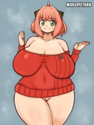 Rule 34 | 1girl, aged up, anya (spy x family), artist name, bottomless, breasts, cleft of venus, curvy, female focus, green eyes, hair horns, highres, huge breasts, impossible clothes, mato spectoru, navel, pink hair, plump, pussy, red sweater, sagging breasts, short hair, smile, solo, spy x family, sweater, tagme, thick thighs, thighs, wide hips