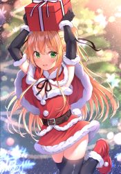 Rule 34 | 1girl, absurdres, arms up, belt, black gloves, black ribbon, black thighhighs, blouse, blurry, blurry background, blush, box, brown belt, capelet, christmas tree, commentary, depth of field, dress, elbow gloves, foot up, fur-trimmed capelet, fur-trimmed dress, fur-trimmed gloves, fur trim, gift, gift box, gloves, green eyes, hair ribbon, highres, holding, holding gift, long hair, open mouth, original, red dress, red footwear, red shirt, ribbon, santa costume, shirt, shoes, skindentation, smile, solo, teeth, thighhighs, upper teeth only, xue lu