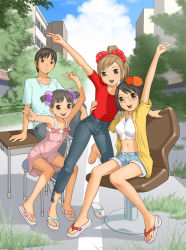 Rule 34 | 1boy, 1girl, 3girls, :d, arm support, arm up, bare legs, barefoot, black hair, blue shirt, bow, brown eyes, brown hair, building, capri pants, chair, chikyuu no houkago, cloud, crop top, day, denim, denim shorts, desk, double v, dress, feet, flip-flops, flower, glasses, grass, hair flower, hair ornament, jacket, looking at viewer, midriff, multiple girls, no socks, office chair, on desk, open clothes, open jacket, open mouth, outdoors, outstretched arm, overgrown, pants, pink dress, plant, ponytail, red shirt, road, sandals, school desk, scrunchie, shirt, shoes, short dress, short shorts, short twintails, shorts, single shoe, sitting, sleeveless, sleeveless dress, smile, street, sunlight, swivel chair, t-shirt, twintails, v, yellow jacket, yoshitomi akihito
