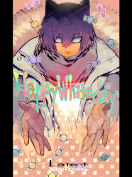 Rule 34 | 1boy, animal ears, asato (lamento), black hair, blue eyes, candy, cat boy, cat ears, closed mouth, coat, copyright name, cropped torso, dark skin, dark-skinned male, food, highres, lamento, looking at viewer, male focus, namaniku atk, nitro+ chiral, outstretched arms, pillarboxed, short hair, solo, white day, wrapped candy