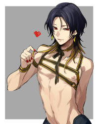 Rule 34 | 10s, 1boy, androgynous, black hair, blonde hair, cosplay, earrings, grey background, heart, hiki yuichi, jewelry, kashuu kiyomitsu, looking at viewer, male focus, mole, mole under mouth, multicolored hair, nagasone kotetsu, nail polish, navel, nipples, personification, red eyes, red nails, topless male, simple background, smile, solo, touken ranbu, two-tone hair, upper body, white background
