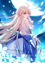 Rule 34 | 1girl, ahoge, archetype earth, arcueid brunestud, back, back bow, backless dress, backless outfit, bare back, bare shoulders, bison cangshu, blonde hair, blue bow, blue sky, bow, breasts, detached sleeves, dress, falling petals, field, flower, flower field, from behind, gloves, glowing, hair intakes, hand to own mouth, hand up, highres, large breasts, long hair, long sleeves, looking back, moon, night, outdoors, parted lips, petals, red eyes, sky, sleeveless, sleeveless dress, solo, tsukihime, two-tone dress, very long hair, white flower, white gloves
