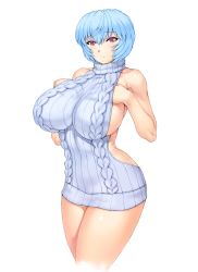 Rule 34 | 1girl, alternate breast size, alternate costume, ayanami rei, backless dress, backless outfit, bare shoulders, blue hair, blush, breast suppress, breasts, closed mouth, collarbone, colored eyelashes, cowboy shot, cropped legs, dress, female focus, from side, hair between eyes, halterneck, hand under clothes, highres, hip focus, huge breasts, impossible clothes, impossible dress, impossible sweater, legs together, light smile, looking at viewer, meme attire, mogudan, naked sweater, neon genesis evangelion, no bra, pink eyes, raised eyebrows, red eyes, ribbed dress, ribbed sweater, shiny skin, short dress, short hair, sideboob, simple background, smile, solo, standing, sweater, sweater dress, turtleneck, turtleneck sweater, virgin killer sweater, white background