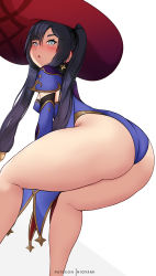 Rule 34 | 1girl, absurdres, ass, black hair, blush, breasts, cape, genshin impact, gloves, green eyes, hair ornament, hair ribbon, hat, highres, hioyami, huge ass, leaning, leaning forward, leotard, long hair, looking at viewer, medium breasts, mona (genshin impact), open mouth, ribbon, sideboob, solo, thick thighs, thighs, twintails, very long hair