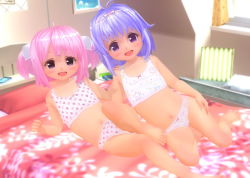 Rule 34 | 2girls, 3d, barefoot, bed, bedroom, blue eyes, blue hair, blush, book, bow, bow bra, bow panties, bra, cellphone, clothes writing, custom maid 3d 2, food print, hair ribbon, hand on another&#039;s shoulder, kuroi serika (st205yat), long hair, looking at viewer, lying, multiple girls, navel, open mouth, panties, phone, picture frame, pink hair, print bra, print panties, ribbon, short hair, smartphone, smile, star (symbol), star print, strawberry panties, strawberry print, twintails, underwear, white bra, white panties, window