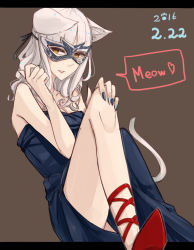 Rule 34 | 1girl, animal ears, bare shoulders, breasts, brown background, brown eyes, carmilla (fate), cat ears, cat tail, cleavage, curly hair, dress, fate/grand order, fate (series), grey hair, hollomaru, lips, long hair, mask, nail polish, open mouth, shoes, tail