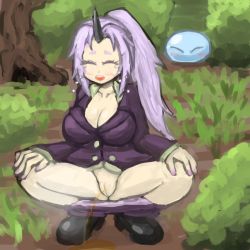 Rule 34 | 1girl, black footwear, blue skin, blush, breasts, bush, cleavage, cleft of venus, closed eyes, clothes pull, collarbone, colored skin, forest, grass, green shirt, horns, jacket, kinone, large breasts, long hair, long sleeves, nature, open mouth, panties, pants, pants pull, panty pull, peeing, ponytail, puddle, purple hair, purple jacket, purple panties, purple pants, pussy, rimuru tempest, shion (tensei shitara slime datta ken), shirt, shoes, single horn, slime, smile, squatting, steam, tears, teeth, tensei shitara slime datta ken, tree, uncensored, underwear