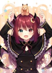 Rule 34 | 1girl, ahoge, amahara pekozaemon, animal, animal on head, bat hair ornament, black dress, blue eyes, buttons, capelet, character name, commentary, crescent, crescent hair ornament, demon girl, demon horns, demon wings, dress, hair between eyes, hair ornament, hamster, hands up, heterochromia, highres, horns, long hair, long sleeves, looking at viewer, nijisanji, on head, open mouth, red eyes, red hair, smile, solo, two side up, upper body, virtual youtuber, wings, yuzuki roa