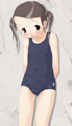 Rule 34 | 1girl, against wall, arms behind back, artist request, black eyes, blush, brown hair, child, looking at viewer, one-piece swimsuit, solo, standing, swimsuit, twintails
