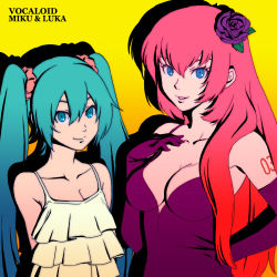 Rule 34 | 2girls, alternate costume, aqua eyes, aqua hair, arms behind back, bare arms, bare shoulders, beelzebub yuuichi, blue eyes, breasts, character name, cleavage, collarbone, copyright name, dress, elbow gloves, female focus, flower, gloves, grin, hair flower, hair ornament, hand on own chest, hand on own hip, hatsune miku, long hair, looking at viewer, lowres, medium breasts, megurine luka, multiple girls, neck, parted lips, pink hair, purple dress, purple flower, purple gloves, purple rose, rose, scrunchie, shadow, simple background, small breasts, smile, tattoo, twintails, very long hair, vocaloid, white dress, yellow background