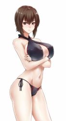 Rule 34 | &gt;:(, 10s, 1girl, bikini, black bikini, black eyes, blush, breasts, brown hair, cleavage, closed mouth, covered erect nipples, cowboy shot, crossed arms, curvy, frown, girls und panzer, hair between eyes, halterneck, large breasts, looking at viewer, navel, nishizumi maho, short hair, side-tie bikini bottom, simple background, solo, stomach, swimsuit, v-shaped eyebrows, white background, zucchini