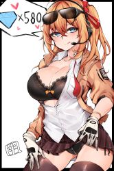 Rule 34 | 1girl, :q, absurdres, ahoge, black bra, black panties, blazer, blonde hair, blue eyes, blush, bra, breast pocket, breasts, brown skirt, brown thighhighs, chickenvomit, cleavage, clothes lift, collarbone, collared shirt, cowboy shot, crotch zipper, eyewear on head, girls&#039; frontline, gloves, gluteal fold, hair between eyes, hair ornament, hair ribbon, headset, heart, highres, huge filesize, jacket, kalina (girls&#039; frontline), large breasts, lifted by self, lingerie, long hair, looking at viewer, necktie, open clothes, open jacket, outside border, panties, partially unbuttoned, plaid, plaid skirt, pocket, red neckwear, red ribbon, ribbon, shirt, side-tie panties, side ponytail, sidelocks, simple background, skirt, skirt lift, smile, solo, speech bubble, sunglasses, thighhighs, tongue, tongue out, underwear, undone necktie, white background, white shirt, x hair ornament, zipper, zipper panties