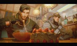 Rule 34 | 2boys, black gloves, black hair, black jacket, bowl, brothers, cake, chopsticks, closed mouth, cup, earrings, et.m, facial hair, food, fruit, genji (overwatch), gloves, hanzo (overwatch), highres, holding, holding chopsticks, holding cup, jacket, jewelry, looking at another, male focus, multiple boys, noodles, overwatch, overwatch 1, ramen, short hair, siblings, smile, strawberry