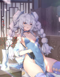 Rule 34 | 1girl, :o, absurdres, argyle, argyle clothes, argyle cutout, black dress, black gloves, blue choker, blue dress, blue eyes, blue thighhighs, breasts, breasts apart, bright pupils, china dress, chinese clothes, choker, clothing cutout, commentary request, covered navel, dress, flower, girls&#039; frontline, gloves, gold trim, hair between eyes, hair ornament, half gloves, highres, indoors, jiusan naitang, long hair, looking at viewer, no panties, off shoulder, open mouth, pa-15 (alluring larkspur) (girls&#039; frontline), pa-15 (girls&#039; frontline), pelvic curtain, quad braids, red flower, side cutout, silver hair, sitting, skindentation, sleeveless, sleeveless dress, small breasts, solo, thighhighs, thighs, vase