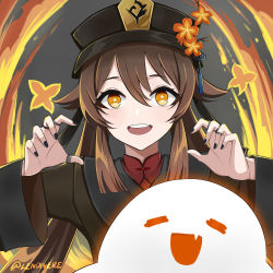 Rule 34 | 1girl, :d, black nails, brown hair, bug, butterfly, chinese clothes, commentary request, fire, flower, genshin impact, ghost, ghost pose, grey background, hair between eyes, hat, hat flower, hat ornament, highres, hu tao (genshin impact), insect, jewelry, lendivere, long hair, long sleeves, looking at viewer, nail polish, open mouth, ring, sidelocks, simple background, smile, symbol-shaped pupils, twintails, twitter username, yellow eyes