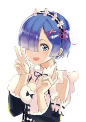 Rule 34 | 10s, 1girl, :d, blue eyes, blue hair, blush, detached sleeves, frills, hair ornament, hair over one eye, hair ribbon, highres, looking at viewer, maid, maid headdress, matching hair/eyes, open mouth, pink ribbon, re:zero kara hajimeru isekai seikatsu, rem (re:zero), ribbon, ruisento, short hair, smile, solo, v, white background, x hair ornament