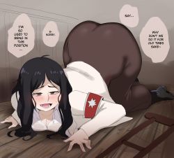 Rule 34 | 1girl, all fours, ass, black hair, blush, breasts, brown skirt, cleavage, crutch, english text, female focus, grey eyes, highres, huge ass, indoors, jacket, large breasts, long hair, long skirt, lower teeth only, marley military uniform, military jacket, open mouth, pieck finger, shingeki no kyojin, skirt, solo, speech bubble, teeth, tongue, top-down bottom-up, wooden floor