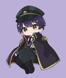 Rule 34 | 1boy, absurdres, black cloak, black footwear, black hat, black jacket, black necktie, black pants, blush, boots, chibi, cloak, closed mouth, collared shirt, commentary request, cross-laced footwear, epaulettes, full body, gloves, green eyes, hair between eyes, hat, highres, jacket, kenmochi touya, lace-up boots, long sleeves, looking at viewer, male focus, necktie, nijisanji, nozo (hitomiz), pants, peaked cap, purple background, purple hair, shirt, simple background, solo, virtual youtuber, white gloves, white shirt