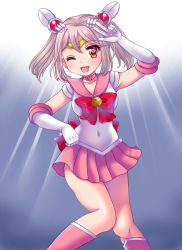 Rule 34 | 1girl, back bow, bishoujo senshi sailor moon, blue background, boots, bow, breasts, brooch, chibi usa, choker, circlet, collarbone, cosplay, elbow gloves, gloves, gradient background, hair bobbles, hair ornament, heart, heart brooch, heart choker, izumi shara, jewelry, kantai collection, medium breasts, one eye closed, pink hair, pink sailor collar, pink skirt, pleated skirt, puffy short sleeves, puffy sleeves, red eyes, sailor chibi moon, sailor chibi moon (cosplay), sailor collar, sailor senshi, sailor senshi uniform, sazanami (kancolle), short hair, short sleeves, skirt, solo, twintails, white gloves