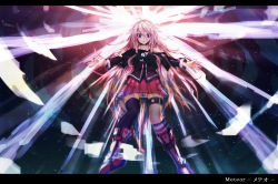 Rule 34 | 1girl, asymmetrical legwear, bare shoulders, blue eyes, boots, braid, exoda, highres, ia (vocaloid), letterboxed, long hair, meteor (vocaloid), mismatched legwear, pink hair, single thighhigh, skirt, sky, solo, star (sky), starry sky, thigh strap, thighhighs, twin braids, uneven legwear, very long hair, vocaloid