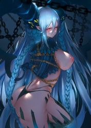 Rule 34 | 1girl, arms behind back, ass, bdsm, blue hair, bondage, bound, braid, breast bondage, breasts, chain, chained, fate/grand order, fate (series), fentou shou, from behind, horns, large breasts, nipples, pink eyes, pointy ears, restrained, solo, symbol-shaped pupils, tiamat (fate)