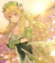 Rule 34 | 1girl, aqua flower, atelier (series), atelier ayesha, ayesha altugle, bare shoulders, black bow, blonde hair, bow, breasts, brown eyes, cleavage, collarbone, dress, dutch angle, falling petals, field, flower, flower field, green dress, green headwear, hair between eyes, hair ribbon, hani (udauda), leaf, long hair, looking at viewer, medium breasts, own hands together, parted lips, petals, pink flower, puffy short sleeves, puffy sleeves, purple flower, ribbon, short sleeves, sleeve ribbon, solo, wavy hair, white ribbon, yellow flower