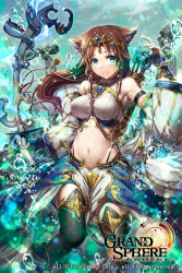 Rule 34 | 1girl, animal ears, arm strap, arrow (projectile), black panties, black thighhighs, blue eyes, bow (weapon), breasts, breasts apart, brown hair, copyright name, crop top, detached sleeves, gabiran, grand sphere, highleg, highleg panties, holding, holding bow (weapon), holding weapon, long hair, looking at viewer, medium breasts, midriff, navel, panties, parted lips, smile, solo, sparkle, standing, stomach, thighhighs, underwear, weapon