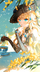 Rule 34 | 1girl, absurdres, armpit crease, black hat, black sleeves, blonde hair, blue eyes, breasts, cleavage, cup, detached sleeves, dress, drill hair, drill sidelocks, earrings, flower, genshin impact, hands up, harushio, hat, hat flower, highres, holding, holding spoon, jewelry, lace-trimmed collar, lace trim, long hair, looking at viewer, medium breasts, navia (genshin impact), parted lips, shade, sidelocks, solo, spoon, strapless, strapless dress, table, tea, teacup, teaspoon, upper body, vision (genshin impact)