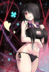 Rule 34 | 1girl, :p, bad id, bad pixiv id, black bra, black hair, black panties, bra, breasts, cat lingerie, cleavage, cleavage cutout, clothing cutout, cowboy shot, date a live, hair over one eye, highres, long hair, looking at viewer, meme attire, navel, panties, red eyes, smile, solo, standing, tokisaki kurumi, tongue, tongue out, torriet, twintails, underwear