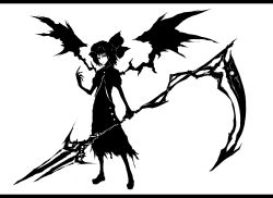 Rule 34 | 1girl, acryl, female focus, greyscale, hat, highres, letterboxed, monochrome, polearm, remilia scarlet, scythe, short hair, solo, spear, spear the gungnir, touhou, weapon, wings