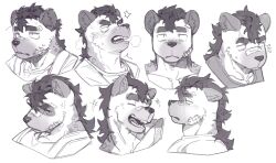 Rule 34 | 1boy, absurdres, angry, bandaid, bandaid on cheek, bandaid on face, bara, bruise, expression chart, frown, furry, furry male, greyscale, highres, huge eyebrows, injury, leopard boy, looking at viewer, monochrome, original, raised eyebrows, sanpaku, shaded face, short hair, ttn (239 239), unamused
