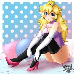 Rule 34 | 1girl, absurdres, ass, bed sheet, black thighhighs, blonde hair, blue eyes, blush, breasts, cleavage, cleavage cutout, clothing cutout, collarbone, crown, danmakuman, earrings, elbow gloves, gloves, high heels, highres, jewelry, large breasts, leotard, long hair, looking at viewer, mario (series), nintendo, parted lips, pillow, pink heels, pink leotard, princess peach, sitting, sleeveless, solo, thighhighs, white gloves