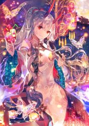Rule 34 | 1girl, bridge, bug, butterfly, cup, detached sleeves, dress, drinking straw, fate/grand order, fate (series), flower, head tilt, heroic spirit traveling outfit, hibiscus, high ponytail, highres, holding, holding cup, holding umbrella, horns, insect, long hair, looking at viewer, red eyes, red flower, rioka (southern blue sky), side slit, silver hair, sitting, sleeveless, sleeveless dress, smile, solo, tomoe gozen (fate), tomoe gozen (traveling outfit) (fate), umbrella, very long hair, white dress