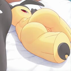 Rule 34 | 1girl, ass, ass focus, back, bed, blackhair, blush, cleft of venus, colored skin, creatures (company), game freak, gen 3 pokemon, highres, looking back, mawaifu, mawile, nintendo, pillow, pokemon, pokemon (creature), pussy, red eyes, solo, uncensored, yellow skin