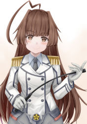Rule 34 | 1girl, ahoge, alternate costume, black necktie, breasts, brown eyes, brown hair, buttons, cosplay, double-breasted, epaulettes, gloves, grey skirt, highres, holding, holding pointer, huge ahoge, kantai collection, katori (kancolle), katori (kancolle) (cosplay), koru pera, kuma (kancolle), long hair, long sleeves, looking at viewer, military, military uniform, miniskirt, necktie, pointer, riding crop, skirt, small breasts, smile, solo, uniform, upper body, white gloves