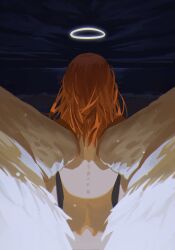 Rule 34 | 1boy, absurdres, androgynous, angel devil (chainsaw man), angel wings, chainsaw man, commentary, feathered wings, from behind, halo, highres, male focus, medium hair, nude, orange hair, skinny, solo, spine, upper body, uqi32, wings