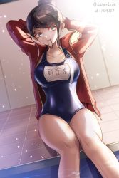 1girl arms_behind_head asahina_aoi blue_eyes blue_one-piece_swimsuit breasts brown_hair collarbone covered_navel danganronpa:_trigger_happy_havoc danganronpa_(series) indoors jacket large_breasts medium_breasts mouth_hold one-piece_swimsuit open_clothes open_jacket poolside red_jacket school_swimsuit sitting soaking_feet solo swept_bangs swimsuit twitter_username tying_hair z-epto_(chat-noir86)