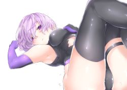 Rule 34 | 1girl, armpits, ass, bad id, bad pixiv id, black thighhighs, breasts, elbow gloves, fate/grand order, fate (series), gloves, looking at viewer, lying, mash kyrielight, on back, pinta (ayashii bochi), purple eyes, purple gloves, purple hair, short hair, solo, sweat, thighhighs