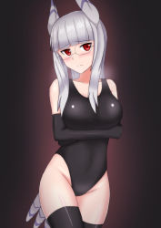 Rule 34 | 1girl, animal ears, bare shoulders, blush, breast hold, breasts, competition swimsuit, female focus, glasses, grey hair, hachimitsu-b, head wings, heidimarie w. schnaufer, highleg, highleg swimsuit, large breasts, long hair, one-piece swimsuit, red eyes, solo, standing, strike witches, swimsuit, tail, thighhighs, white hair, wings, world witches series