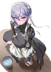 Rule 34 | 1girl, absurdres, apron, azur lane, bellona (armed to clean) (azur lane), bellona (azur lane), between breasts, black footwear, black pantyhose, breasts, bucket, bucket of water, clothing cutout, earrings, frills, hair between eyes, heart, heart-shaped pupils, highres, jewelry, large breasts, long sleeves, looking at viewer, maid, maid apron, maid headdress, mop, nukege ojisan, official alternate costume, pantyhose, purple eyes, purple hair, short hair, simple background, smile, solo, standing, symbol-shaped pupils, underboob, underboob cutout, water, white apron, wooden floor