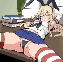 Rule 34 | 10s, 1girl, admiral (kancolle), anus, anus peek, arms behind head, arms up, bare shoulders, black panties, blonde hair, blush, book, bosshi, cleft of venus, clitoris slip, colored eyelashes, crop top, desk, elbow gloves, gloves, green eyes, hairband, highleg, highleg panties, highres, kantai collection, long hair, lying, microskirt, midriff, navel, on back, panties, partially visible vulva, pussy, pussy peek, school uniform, serafuku, shimakaze (kancolle), skirt, solo, spread legs, striped clothes, striped thighhighs, thighhighs, uncensored, underwear, white gloves