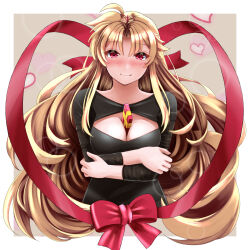 Rule 34 | 1girl, between breasts, black dress, blonde hair, blush, bow, box, breasts, cleavage cutout, closed mouth, clothing cutout, commentary, dress, fate testarossa, gift, gift box, half-closed eyes, heart, large breasts, long hair, long sleeves, looking at viewer, lyrical nanoha, outside border, red bow, red eyes, red ribbon, ribbon, smile, solo, sougetsu izuki, standing, valentine, very long hair
