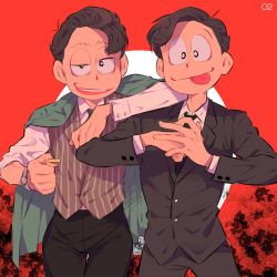 Rule 34 | 10s, 2boys, alternate hairstyle, artist name, bad id, bad twitter id, black hair, brothers, circle, cowboy shot, cracking knuckles, eyebrows, formal, gangster, highres, jacket, jacket on shoulders, male focus, matsuno ichimatsu, matsuno jyushimatsu, multiple boys, o2 (o2mm), osomatsu-kun, osomatsu-san, osomatsu (series), red background, siblings, simple background, suit, tongue, tongue out, waistcoat