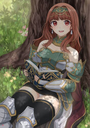Rule 34 | 1girl, absurdres, armor, bare shoulders, black gloves, black skirt, black thighhighs, blunt bangs, book, brown hair, cape, celica (fire emblem), circlet, commission, earrings, feet out of frame, fingerless gloves, fire emblem, fire emblem echoes: shadows of valentia, fire emblem heroes, gloves, green armor, highres, holding, holding book, jewelry, leg armor, looking at viewer, miniskirt, nao suke, nintendo, official alternate costume, on grass, open book, outdoors, panties, pantyshot, red eyes, shoulder armor, skeb commission, skirt, smile, solo, teeth, thighhighs, toyota celica, tree, underwear, upper teeth only, white panties