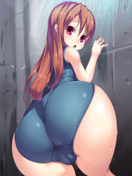 Rule 34 | 1girl, ass, brown hair, from behind, hand on wall, highres, leaning forward, long hair, looking back, nibansu, one-piece swimsuit, open mouth, original, red eyes, school swimsuit, solo, swimsuit, wet